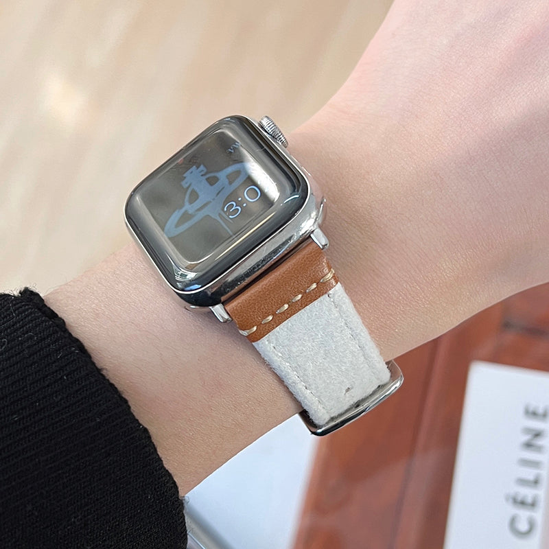 For Apple Watch Series 9 / 8 / 7 41mm / 6 / 5 / 4 / SE / SE (2020) / SE (2023) 40mm / 3 / 2 / 1 38mm Watch Strap Woolen Fabric+PU Band - White For Apple Watch Series 9 / 8 / 7 41mm / 6 / 5 / 4 / SE / SE (2020) / SE (2023) 40mm / 3 / 2 / 1 38mm Watch Strap Woolen Fabric+PU Band - White